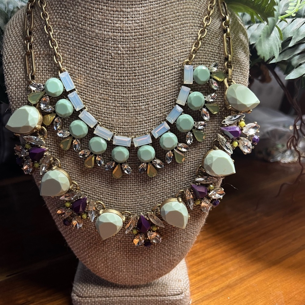 J. Crew Mint and Gold Necklaces with Purple Accents
